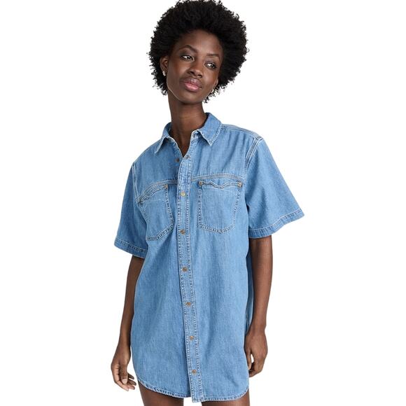RE/DONE Oversize Denim Medium Blue Wash Boxy Mini Shirt Dress - Picture 1 of 8